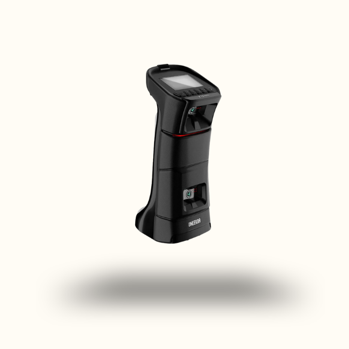 Black handheld device with screen on a white background