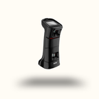 Black handheld device with screen on a white background