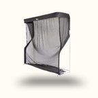 Black golf practice net on a white background