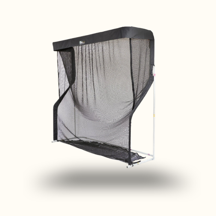 Black golf practice net on a white background