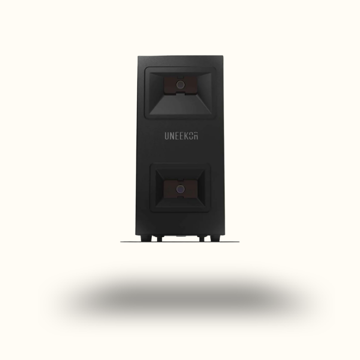 Black speaker with 'UNEEK' branding on a white background