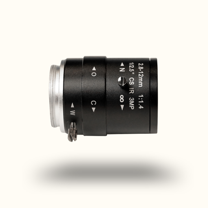 Camera lens with technical specifications on a white background