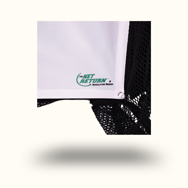 Black sports net with a white panel featuring 'The Net Return' logo on a white background