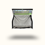 Golf practice net with screen displaying a golf course on a white background