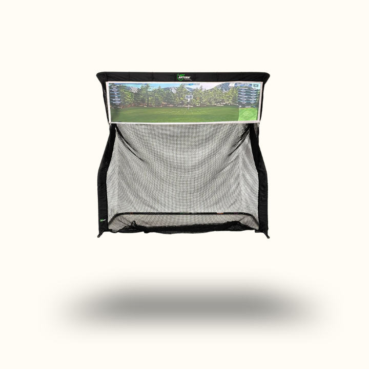 Golf practice net with screen displaying a golf course on a white background