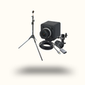 Camera setup with tripod, camera body, cables, and accessories on a white background