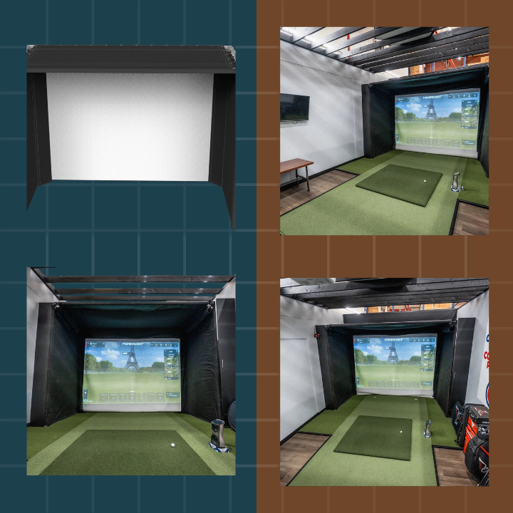 Collage of a golf simulator setup in a room with a screen displaying a golf course.