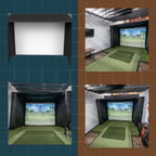 Collage of a golf simulator setup in a room with a screen displaying a golf course.