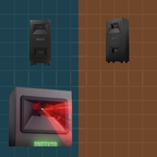 Three black electronic devices with red light on a grid background
