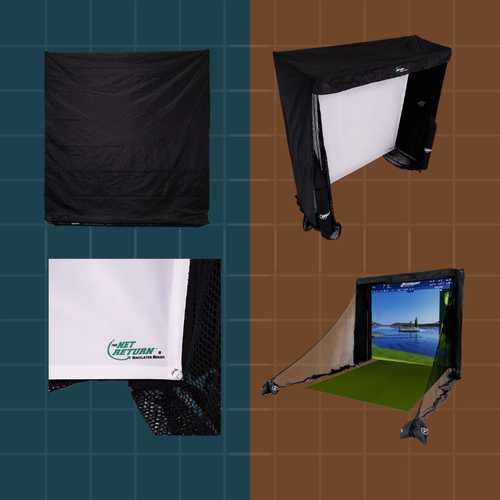Collage of a sports net, light box, and screen on a grid background