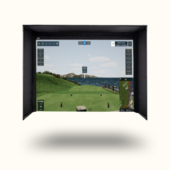 Golf simulator screen displaying a golf course with water and sky.