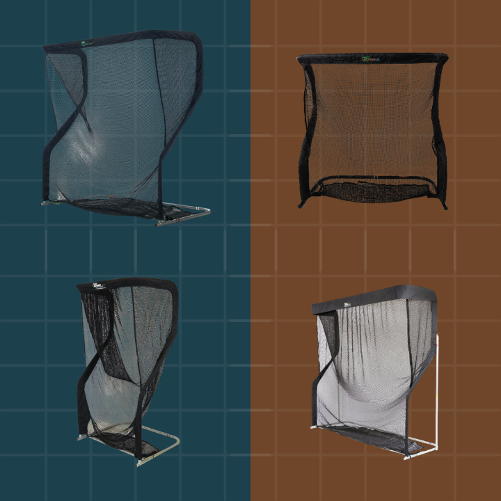 Four views of a golf practice net on a grid background