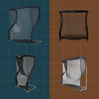 Four views of a golf practice net on a grid background