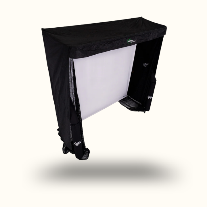 Black softbox light modifier with white interior on a white background