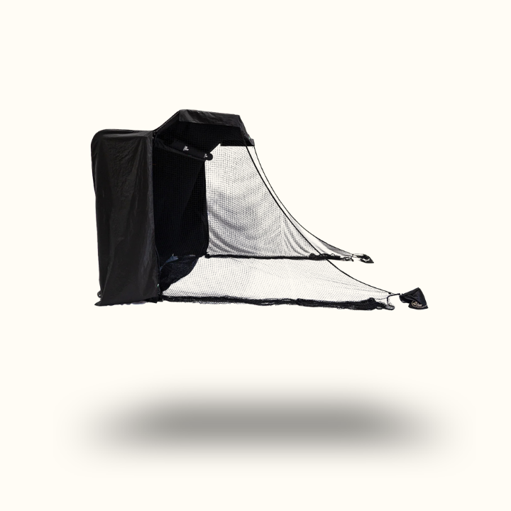 Black and white golf practice net on a white background