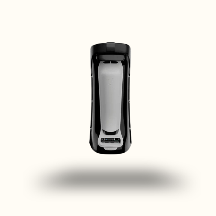 Black and silver electronic device on a white background