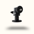 Black mounting bracket with a textured adjustment knob and a small metal screw, hovering above a soft shadow on a plain white background.