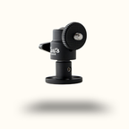 Black mounting bracket with a textured adjustment knob and a small metal screw, hovering above a soft shadow on a plain white background.