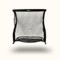 Black golf practice net on a white background
