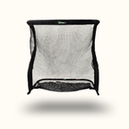 Black golf practice net on a white background