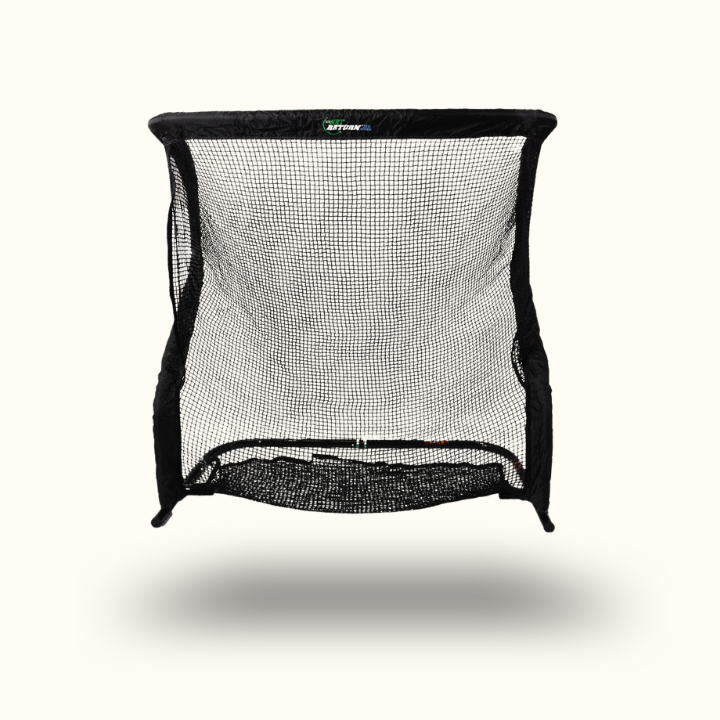 Black golf practice net on a white background