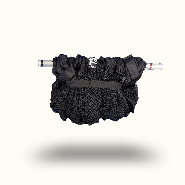 Black mesh bag with handles on a white background