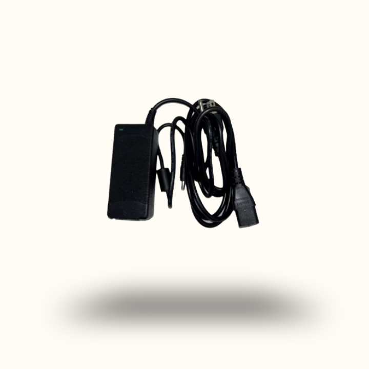 Black electronic component with cable on a white background