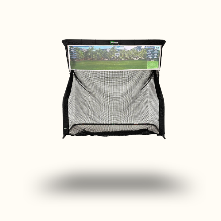 Golf practice net with screen displaying a golf course on a white background