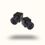 Two black surveillance cameras on a white background