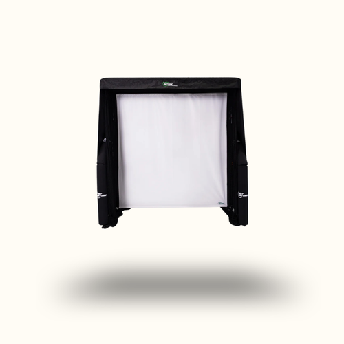 Black inflatable screen with white interior on a white background