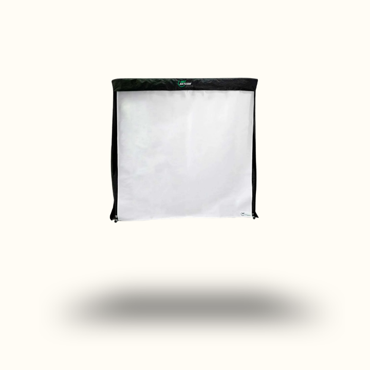 White softbox light modifier with black border on a white background