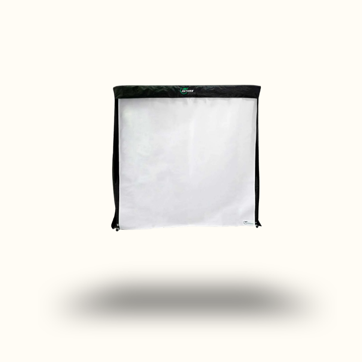 White softbox light modifier with black border on a white background