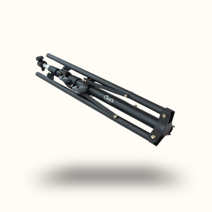 Black metal tripod on a white background