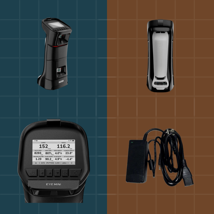 Collection of electronic devices including a digital display, a handheld device, and a power adapter on a grid background.