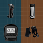 Collection of electronic devices including a digital display, a handheld device, and a power adapter on a grid background.