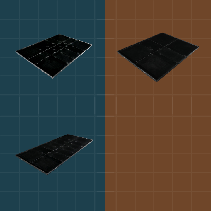 Three black square tiles on a grid background, two on a blue grid and one on a brown grid.