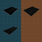 Three black square tiles on a grid background, two on a blue grid and one on a brown grid.
