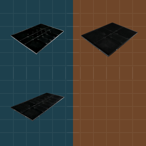 Three black square tiles on a grid background, two on a blue grid and one on a brown grid.