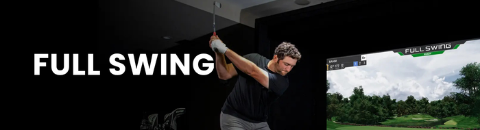 Man swinging a golf club with 'Full Swing' branding on a black background