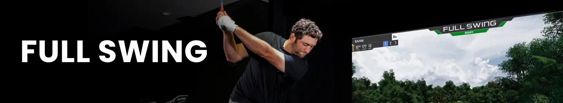 Person swinging a golf club with 'Full Swing' branding in the background