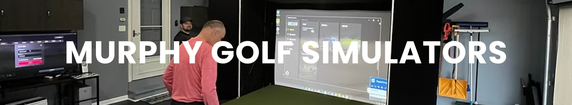 A man in a pink shirt prepares to hit a golf ball on an indoor simulator. A screen displays virtual courses. The text reads "Murphy Golf Simulators."