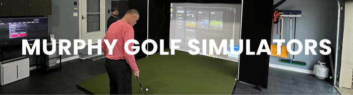 A man in a pink shirt prepares to hit a golf ball on an indoor simulator. A screen displays virtual courses. The text reads "Murphy Golf Simulators."