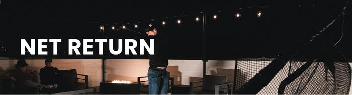 Person standing on a rooftop with string lights and 'NET RETURN' text overlay