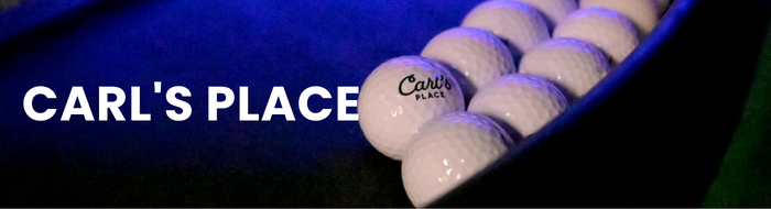 A row of white golf balls with "Carl's Place" printed on one, set against a dark background under blue lighting. Bold text on the left reads "CARL'S PLACE."
