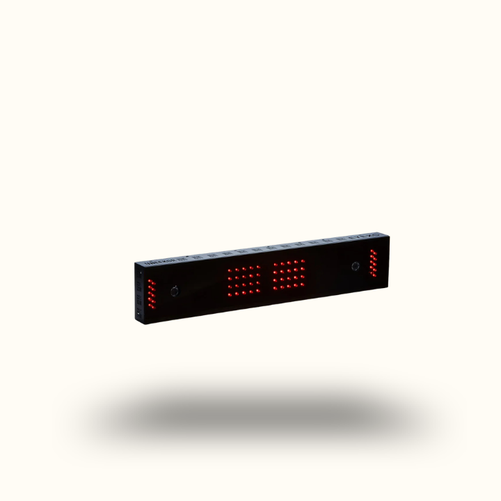 Rectangular LED sign with red digital display on a white background