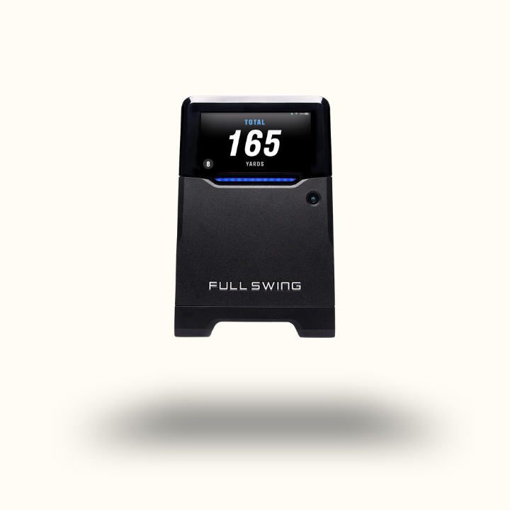 Black golf launch monitor with digital display on a white background