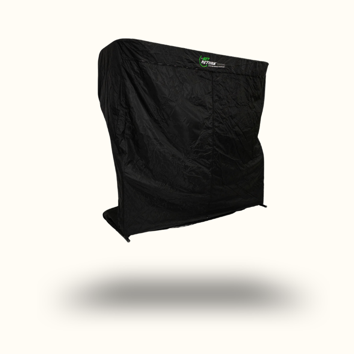 Black chair cover with a brand logo on a white background
