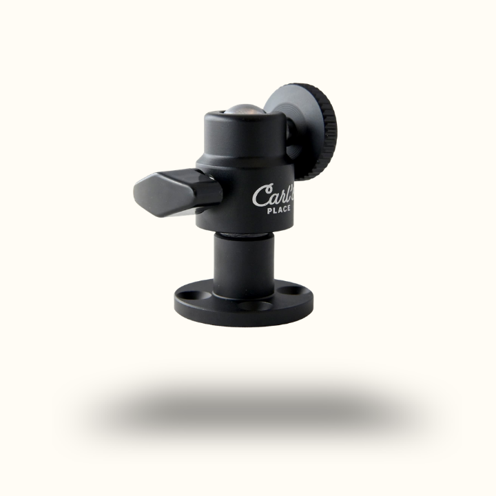 Black camera mount with 'Carlton' branding on a white background