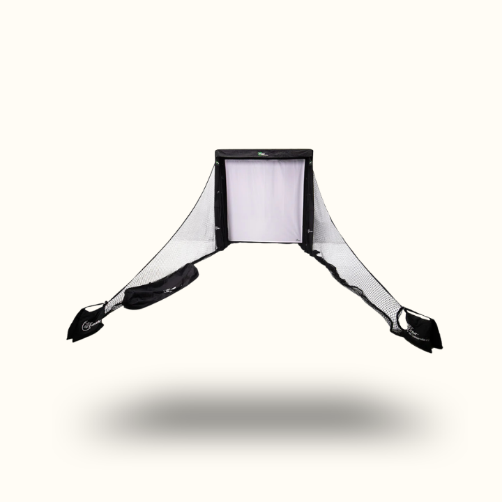 Black and white sports netting device on a white background