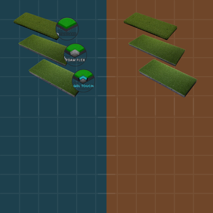 Comparison of 'Foam Flex' and 'Gel Touch' materials on green rectangular pads against a grid background.